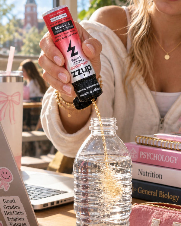 Squeezing Drizz Energy Drops into a water bottle during a study session