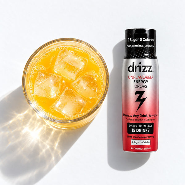 Drizz Unflavored Energy Drops squeezed into orange juice