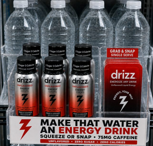 Drizz displayed alongside a case of bottled water