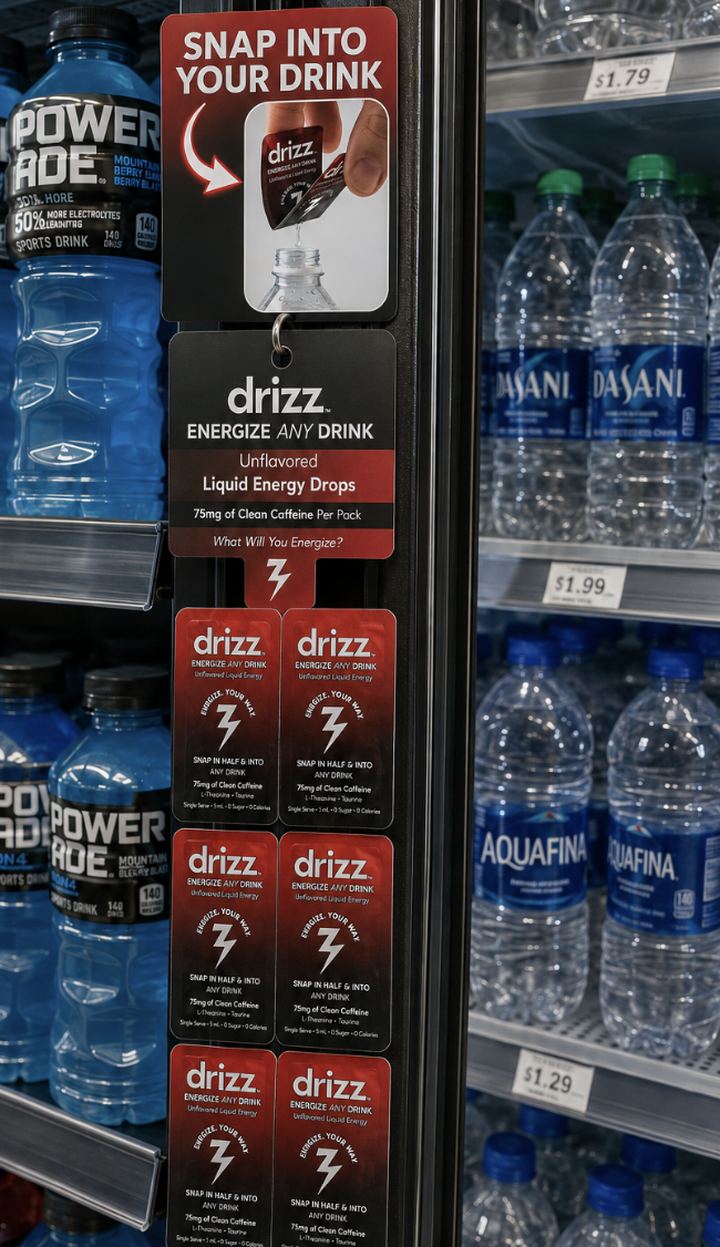 Drizz single serve snaps on a clip strip beside bottled water in a cooler