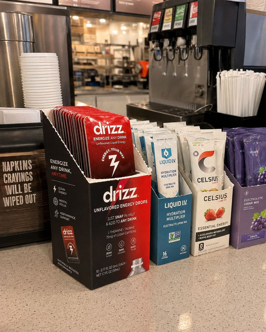 Drizz single serve carton on a counter beside drink mix boxes