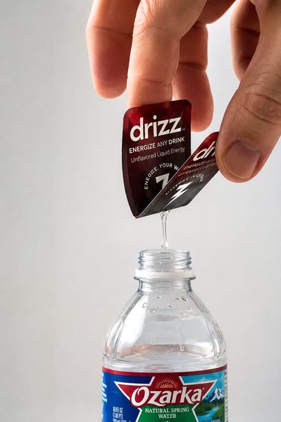 A Drizz single serve pack being snapped into a bottle of water
